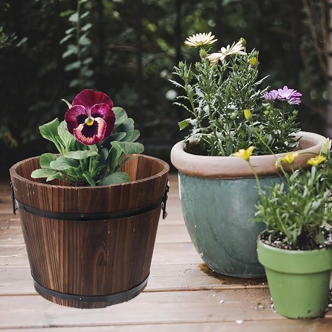 Vaguelly Rustic Wooden Barrels Planters Whiskey Barrels Bucket with Handle, Flower Planter Plant Pots Container Water Wishing Well Pail Garden Backyard Outdoor Indoor Decor
