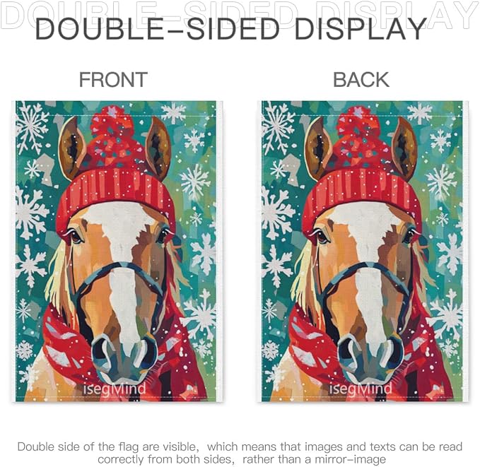 Horse with Red Scarf and Hat Snowflake Christmas Garden Flag, 28x40 Inch Double Sided Linen Holiday Red Winter Farmhouse Yard Outdoor Decoration (4321)