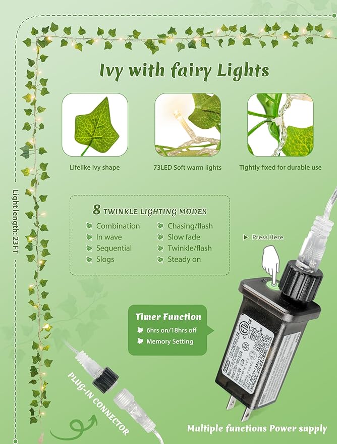 Vines with Fairy Lights,23ft Ivy Leaf Lights Plug in,73 LED Lighted Fake Garland with Remote Indoor Outdoor for Dorm,Bedroom,Wall,Celling,Curtain,Photo,Birthday,Wedding Decor(Warm White)
