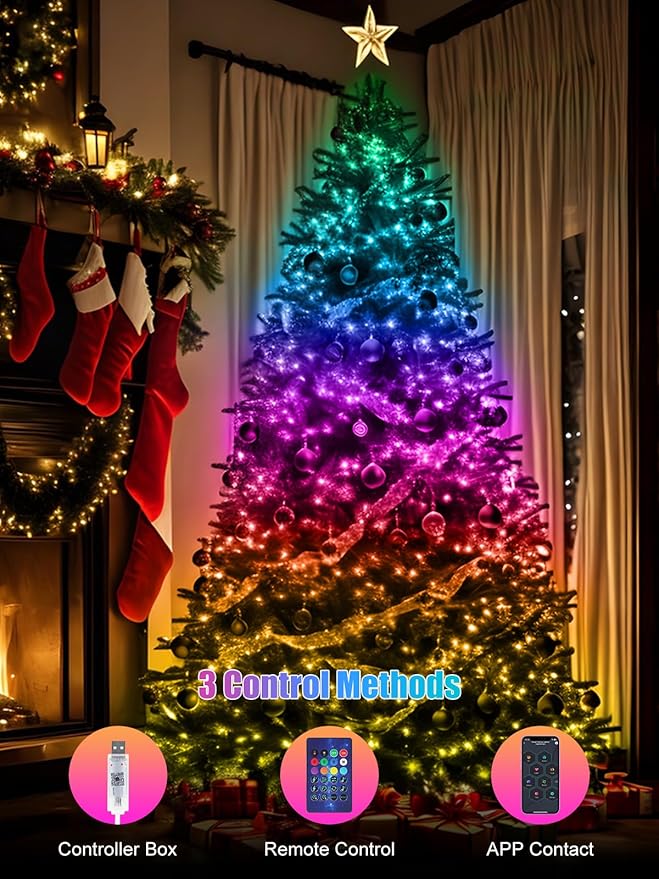 RGB Smart IC Fairy Lights, [APP & Remote Control] 49FT/15M 150 LEDs Multicolor String Lights, Music/Voice Sync Color Change, IP65 Waterproof String Light for Christmas, Wedding, Bedroom, DIY
