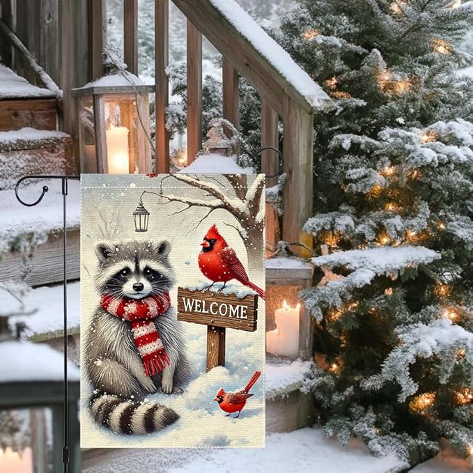 Winter Garden Flag 12x18 Inch Double Sided Burlap Welcome Raccoon Cardinal Snow Outdoor Yard Decoration Small Seasonal Christmas Holiday Farmhouse Porch Flag
