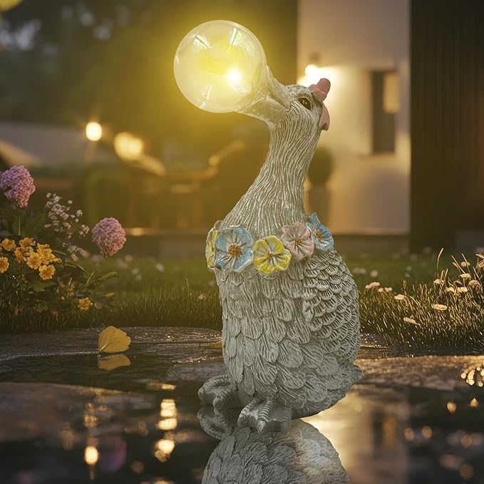 Porch Goose Statue with Solar Bubble Light Garden Gray Figurine Decor for Yard Lawn Patio Outdoor Decorations Housewarming Gifts for Mom Grandma Women