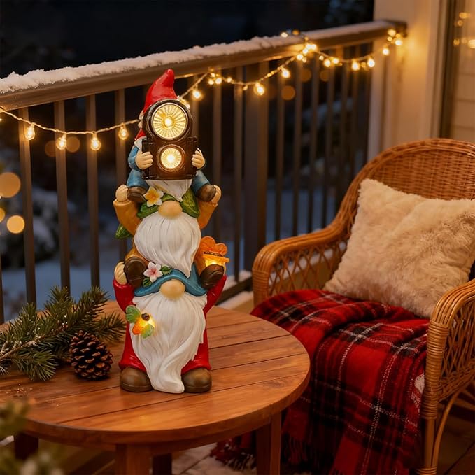 Funny Photography Garden Gnomes Statue, Solar Christmas Gnomes Outdoor Decor for Yard, Lawn, Patio, Porch, Unique Xmas Birthday Housewaming Gifts,12 Inch, Resin