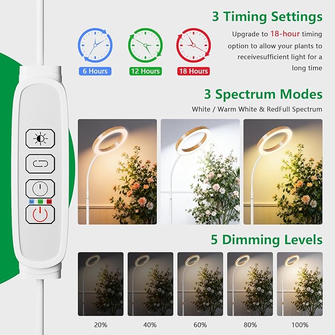 LPMZMBL Dual Head Grow Light for Indoor Plants Full Spectrum-Floor Standing Plant Lamp with Auto Timer 6/12/18H, 5-Level Dimmable & Adjustable Height 16.5-68in for Large Tall Plants | Faux Wood Design