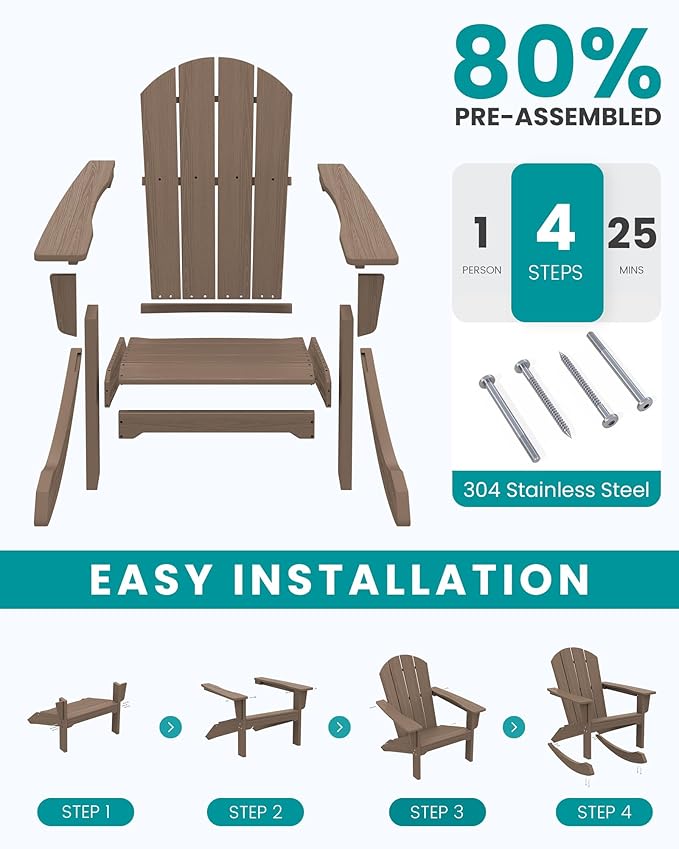 SERWALL Outdoor Adirondack Rocking Chair, All-Weather HDPE Adirondack Rocker Chair, Front Porch Rocker Chairs for Patio Lawn Porch Deck, Coffee