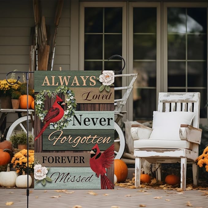 Cardinal Memorial Garden Flag 12x18 Inch Double Sided Outside, Always Loved Never Forgotten Memorial Day Gravesite Saying Yard Outdoor Decoration