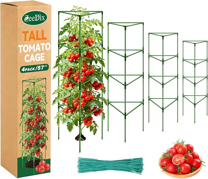 [Upgraded] ZeeDix 57 Inch Tall Tomato Cages for Garden, 4 Pack Large Plant Trellis Support Stakes for Climbing Plants, Heavy Duty Adjustable Tomatoes Cage for Pots, Raised Garden Bed Outdoor Supplies