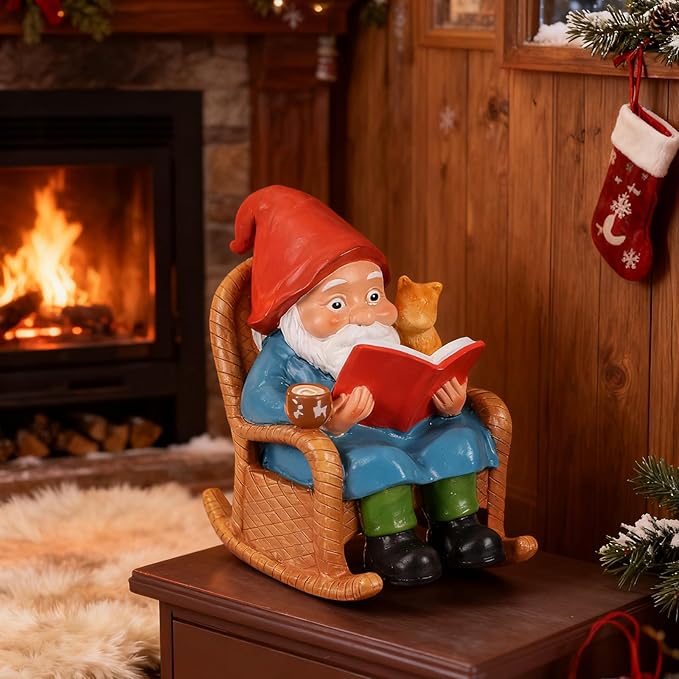 Reading Garden Gnome Statue with Cat and Coffee Cup – 5.3" Resin Gnome Figurine on Rocking Chair, Hand-Painted Funny Gnome Decoration for Yard, Patio, Lawn, or Home Décor