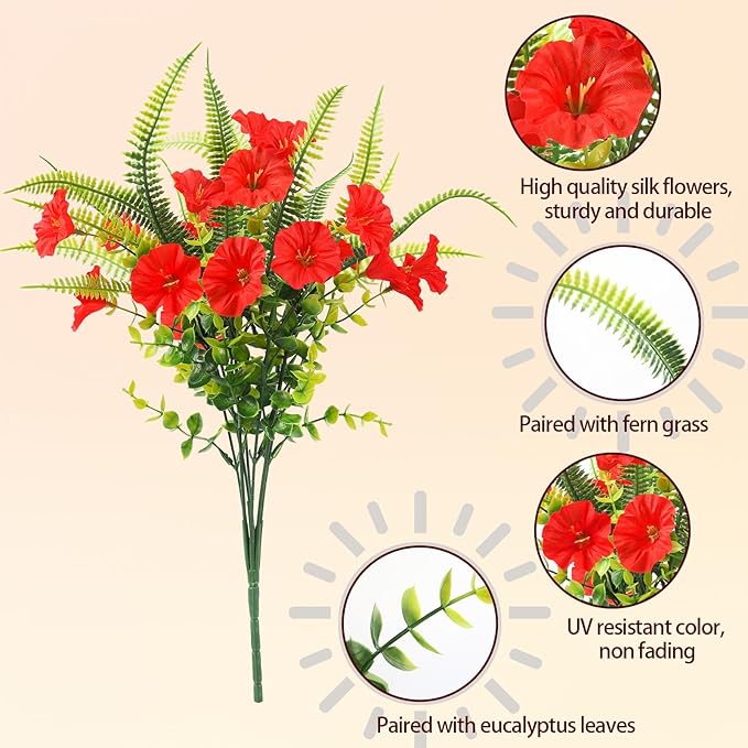 HIAGROW Artificial Flowers Outdoors 12 Bundles Artificial Petunias Fake Flowers UV Resistant Shrubs Plants with Fern for Indoor Outside Hanging Planters Home Garden Summer Decorations (Red)