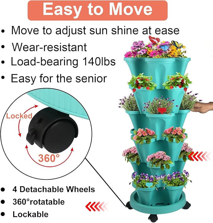 GameXcel Vertical Planter, 6 Tier Stackable Strawberry Planter with Garden Tool Set, Movable Indoor/Outdoor Garden Herb Pot for Growing Vegetables and Succulents, Teal