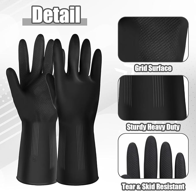 10 Pairs Chemical Resistant Latex Gloves, Heavy Duty Black Rubber Gloves, Reusable Dishwashing Cleaning Glove, Cleaning Protective Safety for Car Home Lab (Large)