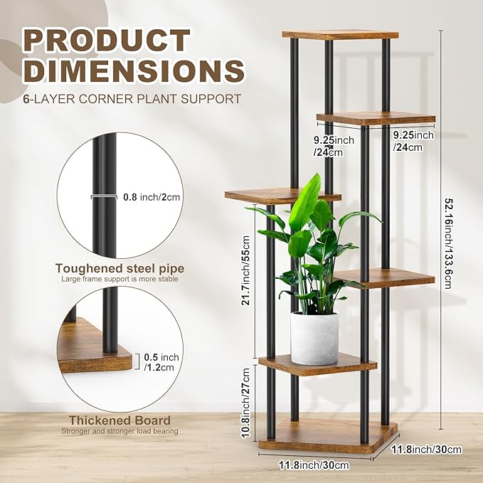 YOCOMEY 6 Tier Wood Tall Plant Stand Metal Rack Indoor, Multiple Flower Pot Holder Shelves Corner Rack, Planter Shelf Display Rack Storage Organizer for Patio Living Room Balcony Garden(Black)