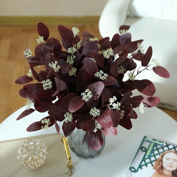 20" Silk Artificial Eucalyptus Stems, 12Pcs Fake Eucalyptus Stem with Leaves Berries, Greenery Plants Floral Decorations for Wedding Party Flowers Arrangement Home Decor (Burgundy)