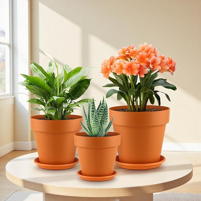 RooTrimmer 3-Pack 8/9/10 Inch Plastic Plant Pots with Saucers – Durable BPA-Free Planters with 21 Drainage Holes, Raised Bottom Breath and Bottom Watering Design for Indoor & Outdoor – Orange