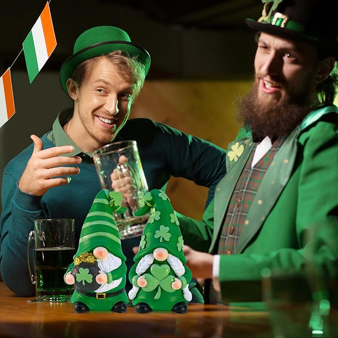 St Patricks Day Decorations Gnomes, 2 Pack Handcrafted Irish Gnomes Lucky Leprechaun Figurines, Shamrock Decor for Table Tiered Tray Shelf