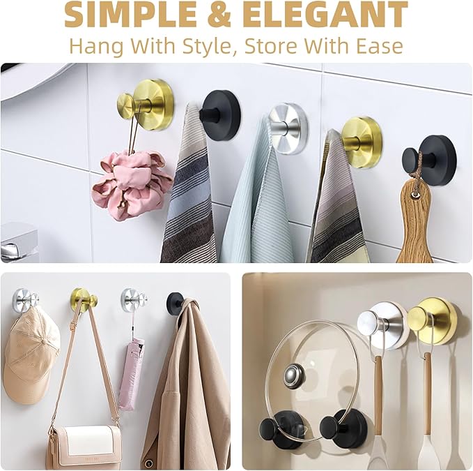 Upgrade Suction Cup Hooks for Shower,Heavy Duty Towel Hooks for Bathrooms, No Drill Suction Hooks for Inside Shower, Reusable Shower Hooks for Glass Doors & Windows(2 Pack Gold)
