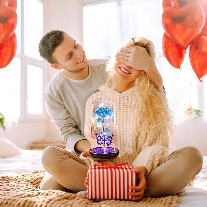 Valentines Day Rose Gifts for Her, Birthday Gift for Women Galaxy Glass Rose in Glass Dome Forever Eternal Crystal Flower with Butterfly Valentine Gifts for Women Daughter Mom Wife Girlfriend Blue