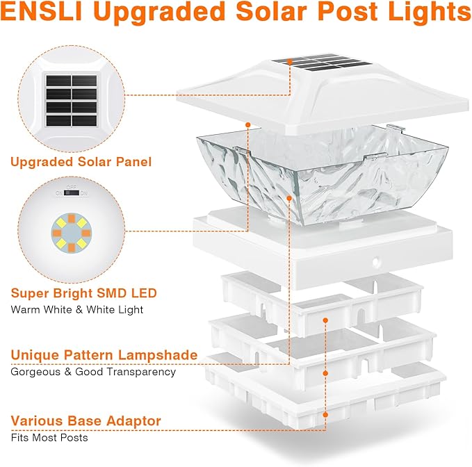 ENSLI 4 Pack Solar Post Cap Lights, 2 Mode Bright Solar Post Lights Outdoor Waterproof, Outdoor Post Lights Solar Powered Deck Lights for 4x4 4.5x4.5 5x5 Posts in Garden Decor