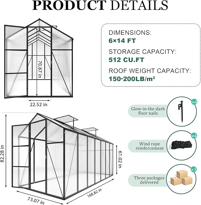 6x14x7 FT Greenhouse, Polycarbonate Greenhouse for Outdoors with Stronger Wind Protection and Roof Vent, Walk-in Large Aluminum Sunroom Winter Proof, Black