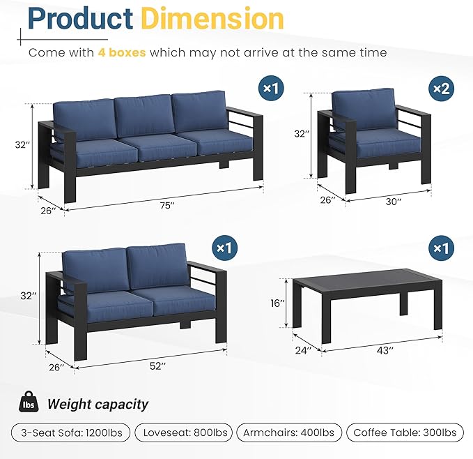 Wisteria Lane Aluminum Patio Furniture Set for All Weather, Oversized Metal Outdoor Furniture Set with 27.5" Deep Seat and Thick Back Cushion, Outdoor Patio Conversation Sets with Wide armrest, Blue