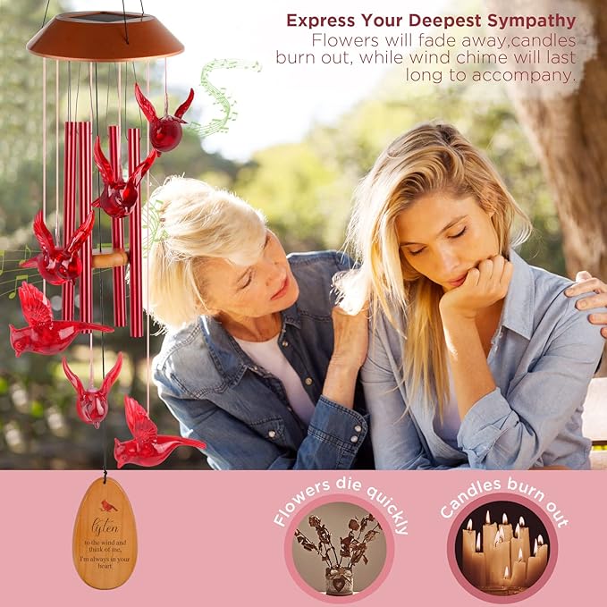 Cardinal Wind Chimes for Outside Solar Cardinal Gifts for Women Mom Grandma Father Memorial Red Bird WindChimes for Loss of Loved One Sympathy Windchime Garden Outdoor Decor