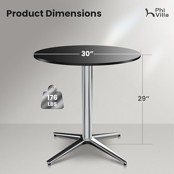 PHI VILLA Outdoor Patio Bistro Table, 30" Round Metal Pedestal Small Dining Table for 2-4, All-Weather Modern Table for Outside Deck, Yard, Porch, Balcony - Black