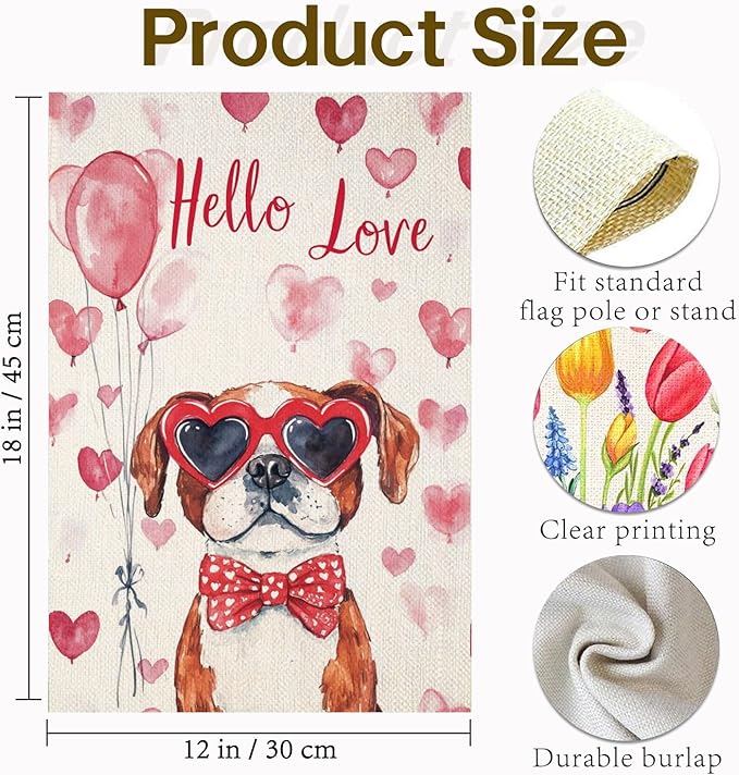 Valentine's Day Saint-Bernard Hello Love Garden Flag, House Yard Plaid Love Heart Outside Decoration, Spring Holiday Wedding Anniversary Outdoor Small Decor 12x18(12617)