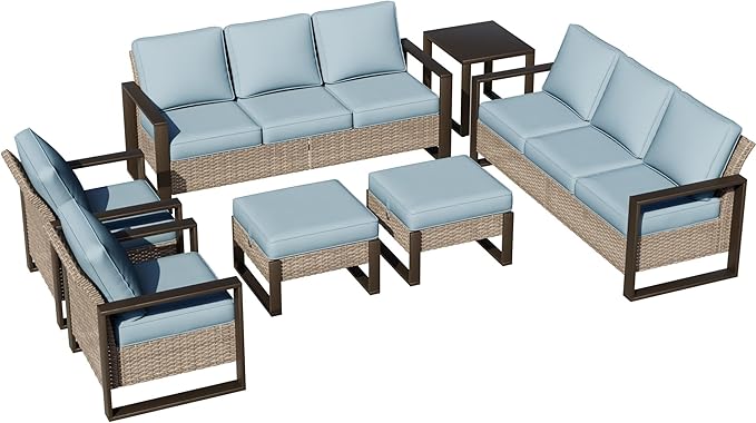 Joyside Outdoor Patio Chairs, 7 Pieces Wicker Rattan Furniture Set, 2 Patio Chairs, 2 Sofa, 2 Ottoman and 1 Table, Metal Wide Armrest, Thick Cushions and Deep Seating for Garden, Backyard, Porch
