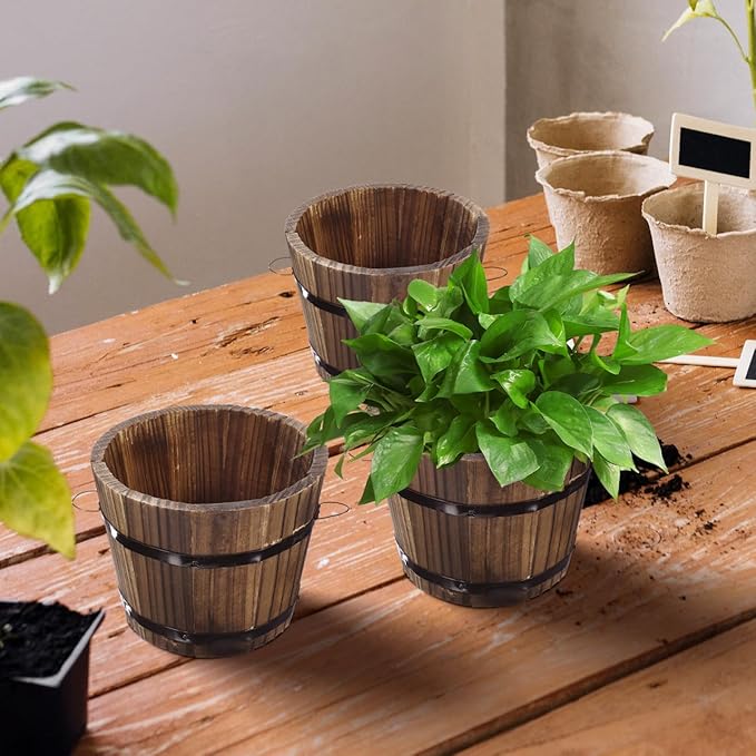 Wooden Round Barrel Planter Flower Pot for Succulents with Permeable Bottom 7.08X7.08X5.9 Inches Indoor Outdoor Home Office Garden D Cor