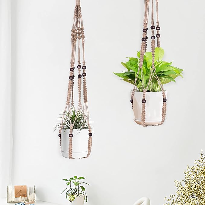 BlueMake Macrame Plant Hanger Indoor Hanging with Wood Beads Macrame Planters No Tassel for Indoor Outdoor Boho Home Decor 35 Inch (Brown, 1pc)