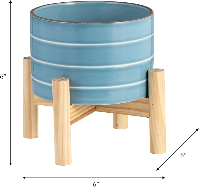 Ceramic Planter Pot – Modern Plant Holder with White Stripes and Wooden Base, Indoor Outdoor Decorative Pot for Living Room, Entryway, Bedroom or Patio – Stylish Home Décor Accent – 6", Blue