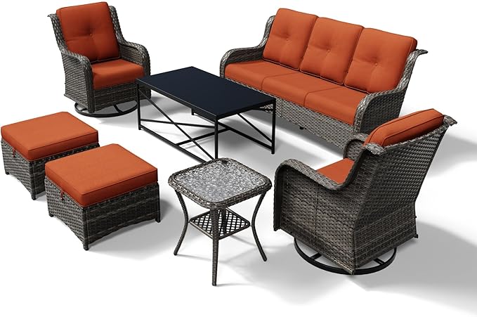 Joyside 7 Piece Wicker Patio Furniture Set, Outdoor Swivel Rocker Patio Chairs with High Back, Deep Seating, Wide Armrest, Thickened Cushions, Outdoor Furniture for Deck, Porch Use