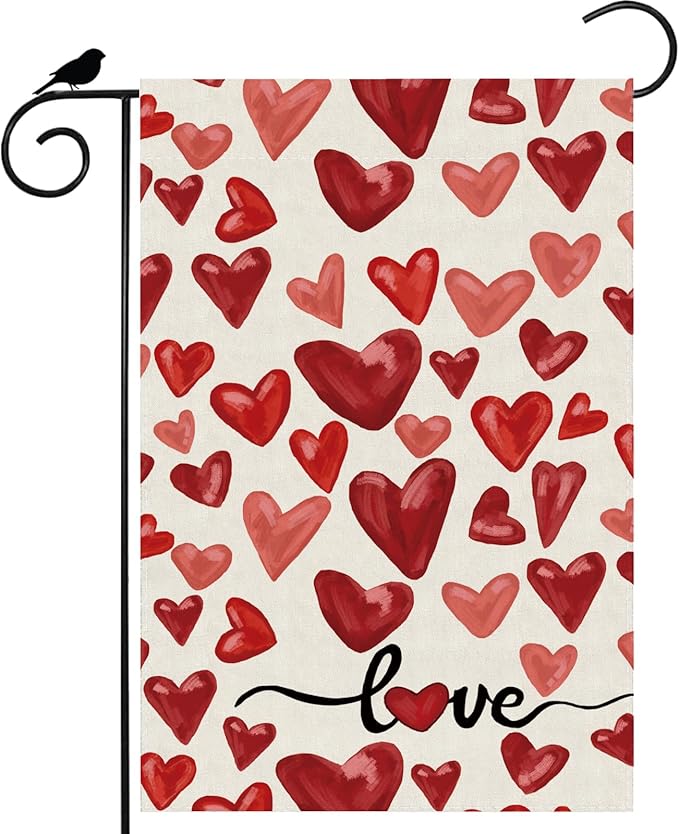 Valentine’s Day Watercolor Red Love Hearts Garden Flag Yard Flag 12x18 Inch Double Sided Small Mini Yard Outdoor Outside Holiday Decoration