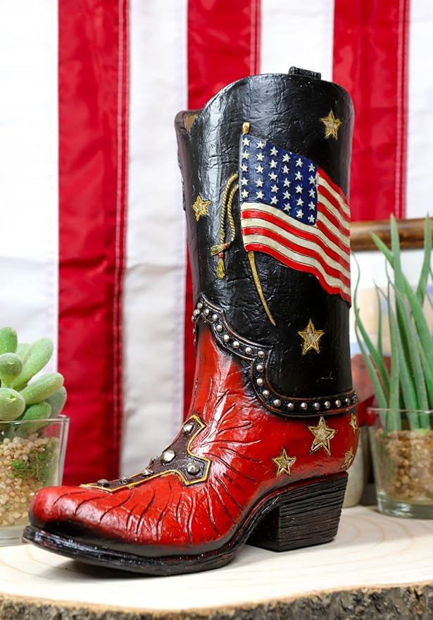 Ebros Gift Rustic Western Patriotic American Bald Eagle Clutching Independence Liberty Bell with US Flag and Cross Cowboy Cowgirl Boot Decor Figurine Or Floral Vase Planter in Faux Tooled Leather