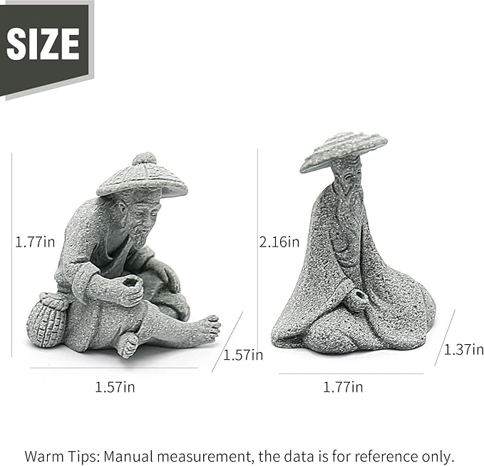 DUZFOREI 2PCS Mini Sitting Fishing Figurines Sandstone Vintage Ornament Japanese Decor for Fish Tank Pot Garden Home Aquarium Mini Fisherman Statue Asian Zen Decorations