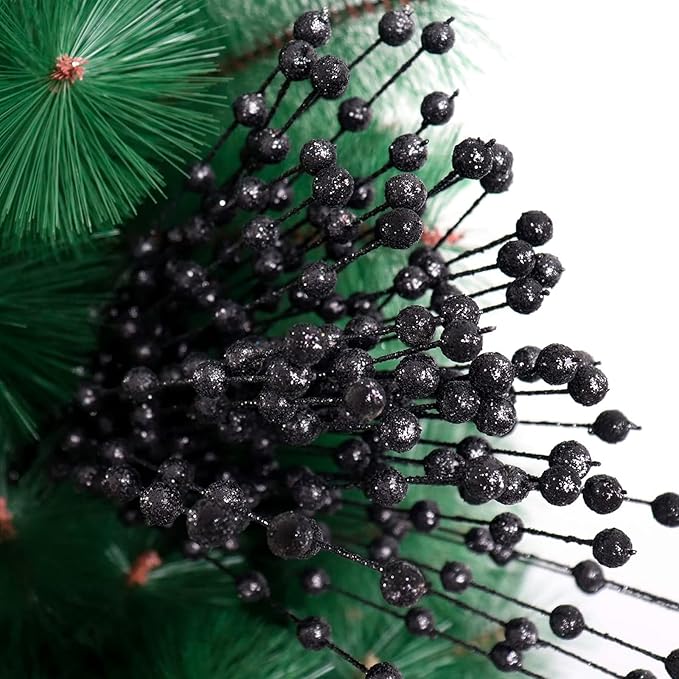 Syhood 200 Pcs Glitter Berry Stems, 13.8 Inches Christmas Berry Picks Holly Branches for Christmas Tree Decorations, Holiday Ornaments Home Decor and DIY Crafts(Glitter Black)