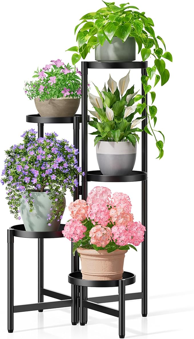 NQW Tall Plant Stand Indoor Outdoor, Corner Metal Flower Pot Stands for Multiple Plants, 5 Tier Heavy Duty Plant Shelf for Patio Garden Balcony Living Room Bedroom - BlackDisk