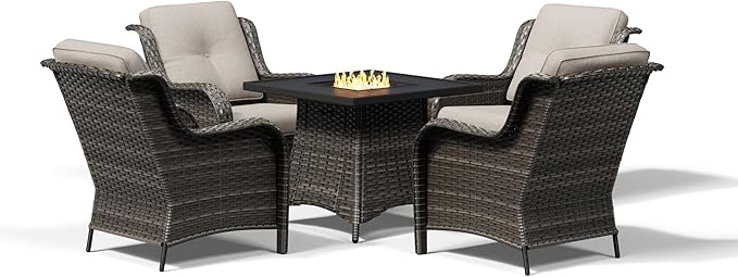 Joyside 5 Piece Wicker Patio Furniture Set with Fire Pit Table, Rattan Patio Chairs with High Back, Deep Seating, Wide Armrest, Thickened Cushions, Outdoor Furniture for Deck, Porch Use