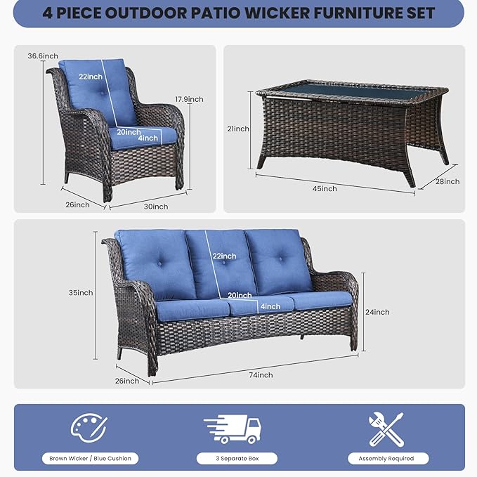Belord Patio Wicker Furniture 4 Pieces Outdoor Furniture Set Patio Sofa Set with Wicker Chairs and Coffee Table, Paito Conversation Set for Porch Garden Deck Balcony Poolside