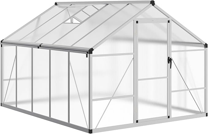 8X10 FT Outdoor Polycarbonate Greenhouse, Sturdy Aluminum Frame, Adjustable Roof Vent, Ideal for Backyard, Patio, or Garden, All-Weather Green House for Growing Plants and Vegetables
