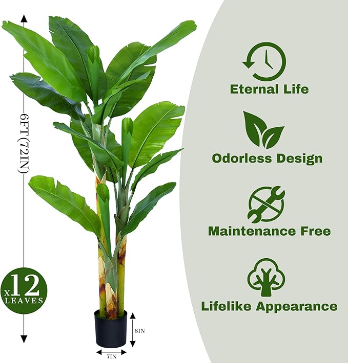 Artificial Banana Tree 6ft(72in) Tall Faux Banana Leaf Plant with 12 Leaves, Fake Realistic Tropical Plants Perfect for Home Garden Yard Patio Living Room Decor Indoor (6feet,1Pack)