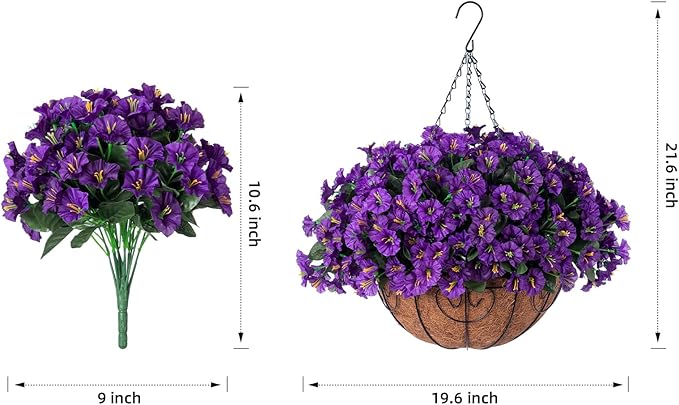 Artificial Fake Hanging Flowers Plants Basket for Outdoor Spring Summer Decoration, Faux Silk Flowers Outside Look Real Morning Glory UV Resistant for Porch Patio Balcony Garden Yard Home Purple