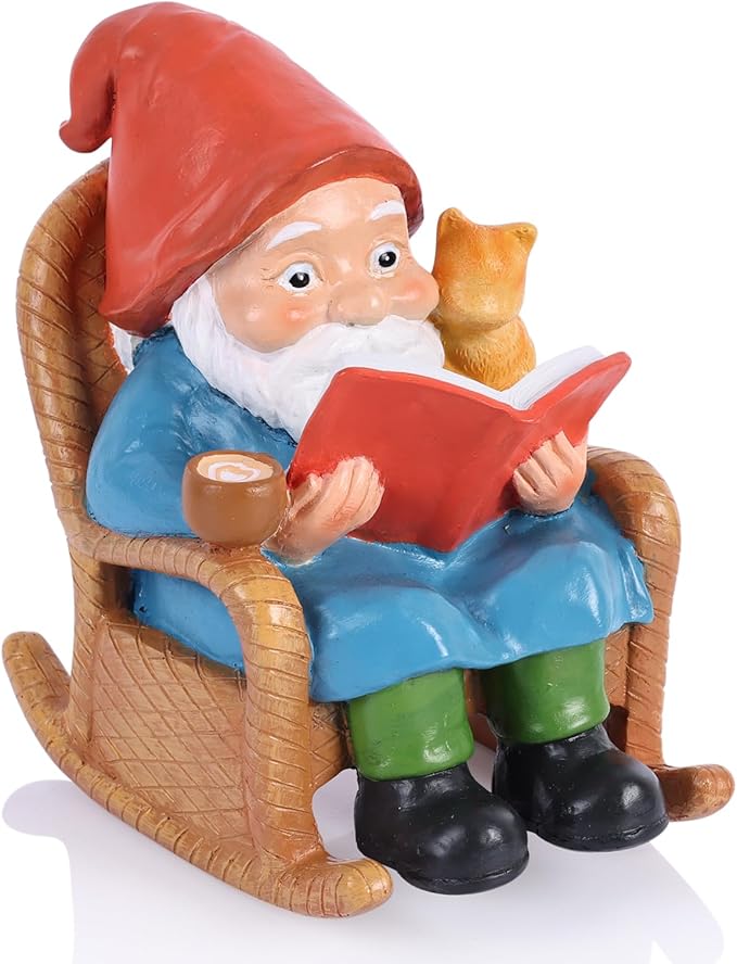 Reading Garden Gnome Statue with Cat and Coffee Cup – 5.3" Resin Gnome Figurine on Rocking Chair, Hand-Painted Funny Gnome Decoration for Yard, Patio, Lawn, or Home Décor