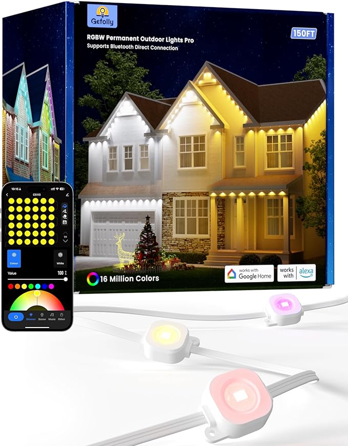 Gefolly Permanent Outdoor Lights Pro, 150ft with 90 RGBW Double-LED Lights 111 Scene Modes for Daily, Halloween, Christmas, IP67 Waterproof for Outdoor Decor, Works with Alexa, Google Assistant, White