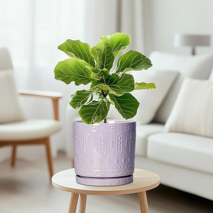 Ceramic Flower Pots, 8 Inch Plant Pots Indoor Outdoor, Round Planter with Drainage Hole and Tray, Boho Planter, Decorative Pot for Plants, Apartment Decor, House Warming Gifts, Purple