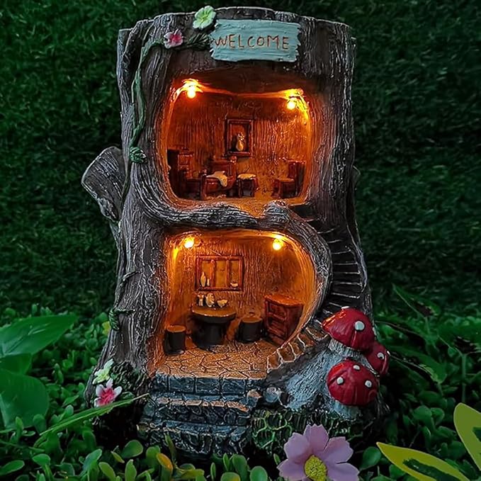 Solar Light Fairy Tree House - Fun Natural Figurine Sculpture with Solar LED Lights for Indoor Outdoor Art Decorations, Patio Yard Lawn Ornaments Gift