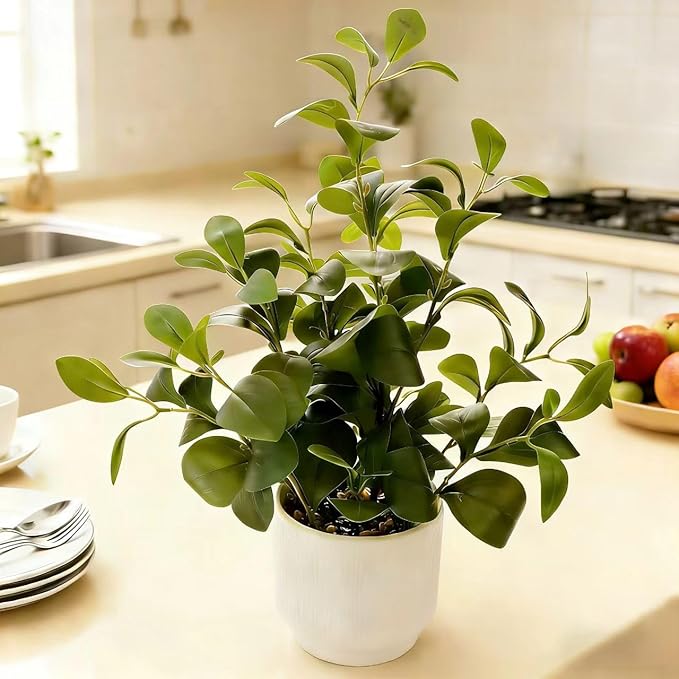 Ewtogift 19'' Artificial Ficus Plant in White Textured Ceramic Pot Realistic Faux Greenery with Lifelike Leaves Fake Plants for Indoor Home Office Bathroom Shelf Desk Tabletop Decor