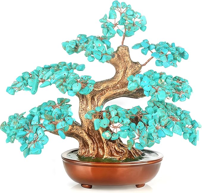 MASGEMES Natural Turquoise (360 Large Beads) Crystal Tree Bonsai – Throat Chakra Healing Tree of Life, Feng Shui Positive Energy Decor for Home Office & Meditation Spaces 8''