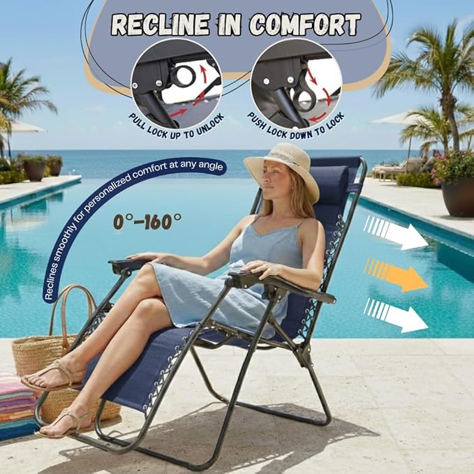 EZONE 1 - Chair Zero Gravity Lounge Chair Outdoor Adjustable Reclining Patio Chair Steel Mesh Folding Recliner for Pool Beach Camping Lounge Chair with Pillow and Cup Tray (1, Navy Blue)