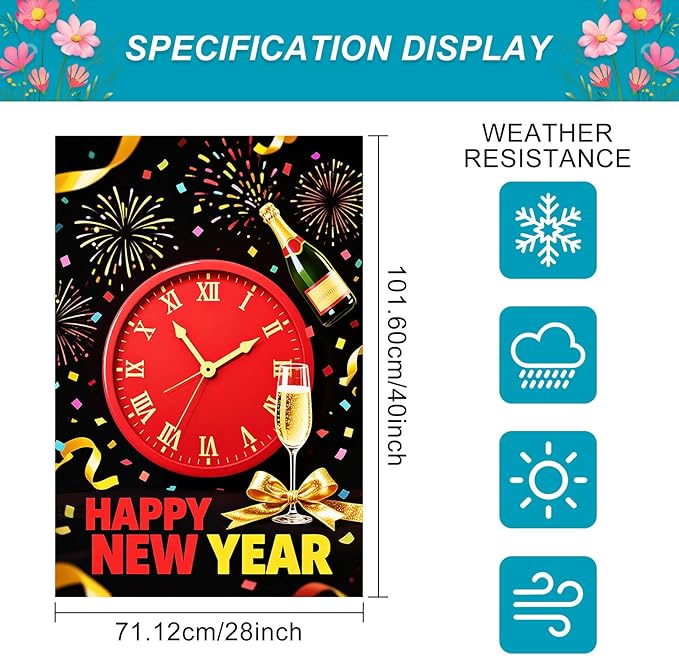 Happy New Year House Flag 28x40 Inch Red Clock Champagne Bottle and Fireworks Garden Flag Colorful Outdoor Yard Decoration Holiday Celebration Banner for Home Porch Lawn